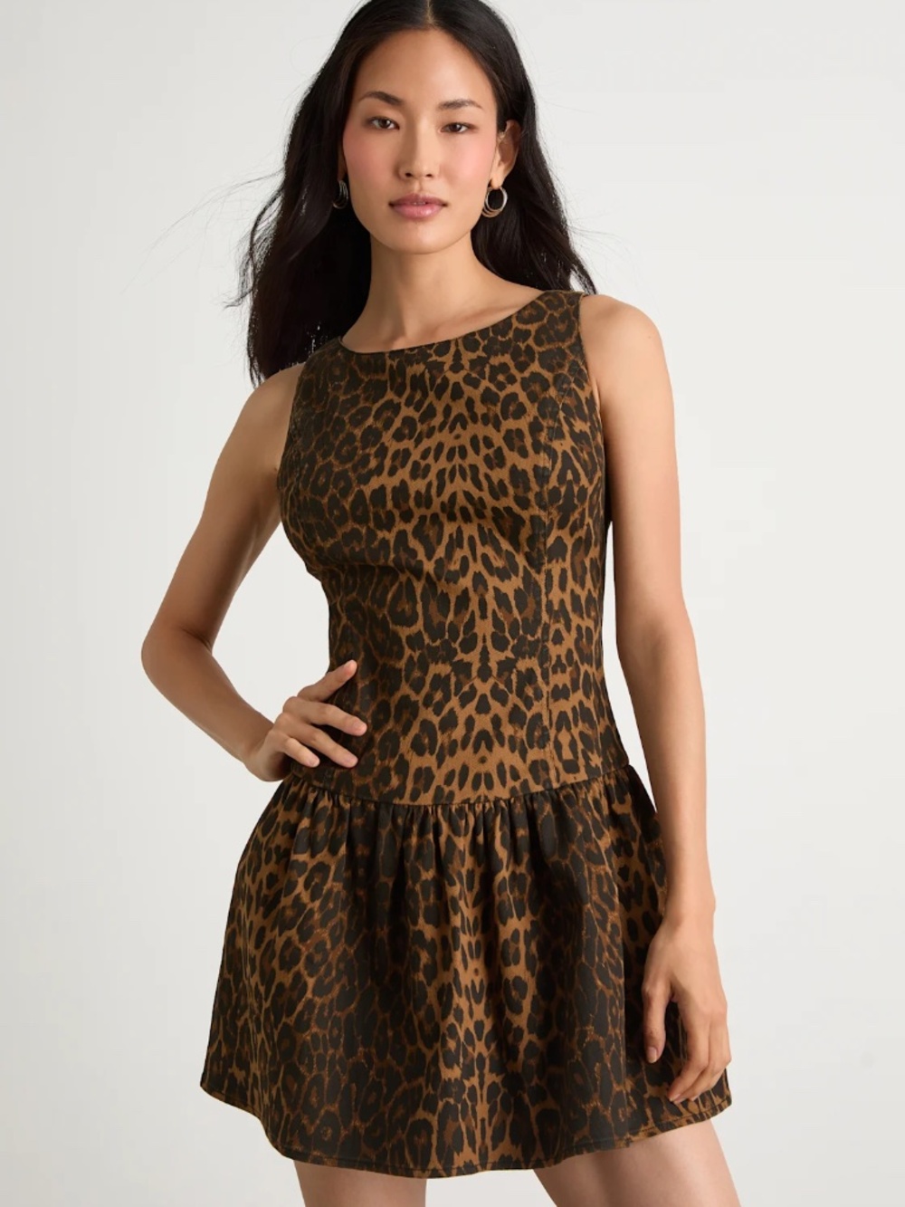 Brown Leopard Print Denim Drop Waist Mini Dress